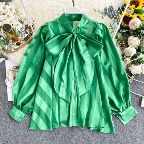 Vintage Slippery Satin Shirt Spring Female Long-Sleeved Single-Breasted Loose Blouses Womens Lace-Up Bow Tie Thin Casual Tops