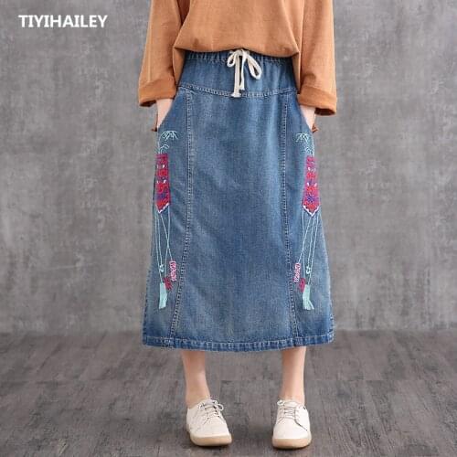 TIYIHAILEY Free Shipping 2020 Long Mid Calf A-Line Women Elastic Waist Spring And Autumn Denim Cotton Vintage Embroidery Skirts