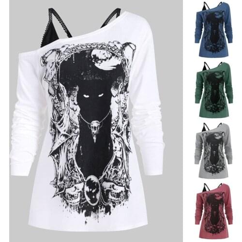 Ladies Oblique Collar Off-Shoulder Long-Sleeved Cat Duke Print Gothic Spring Casual Vest Two-Piece Top