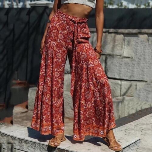 Bohemian Orange Totem Flower print Wide Leg Pants Ethnic Woman Holiday Elastic Waist Bow Full length Trousers Femme Casual Pants