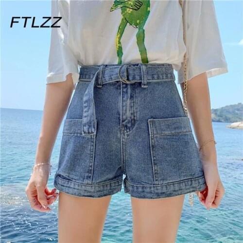Summer Vintage Blue Denim Shorts Women Plus Size High Waist Loose Wide Leg Pants Woman Korean Casual Button Fly with Blet Jeans