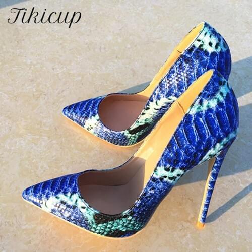 Tikicup Royal Blue Croc-Effect Women Sexy Stilettos High Heels Fashion Designer Chic Pumps Lady Shallow Cut Pointy Dress Shoes