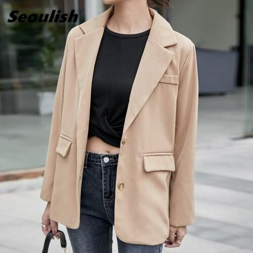 Seoulish New 2021 Spring Elegant Womens Blazers Single Breasted Pockets Female Formal Jackets Loose Outerwear Chic Tops Khaki