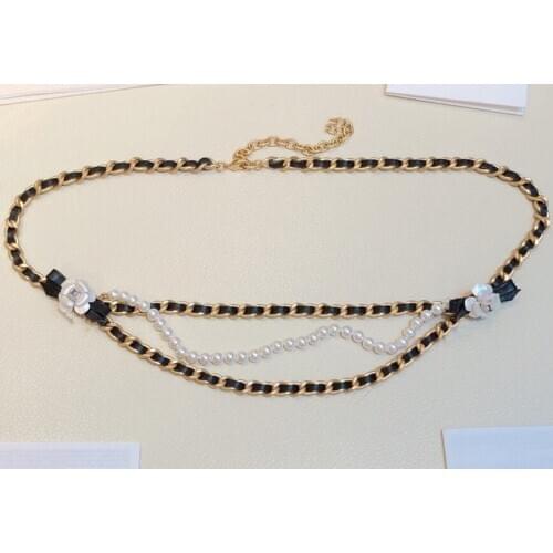 2021 new collection vintage genuine leather Waistband pearl flower camellia wraist for lady womens signature name belt