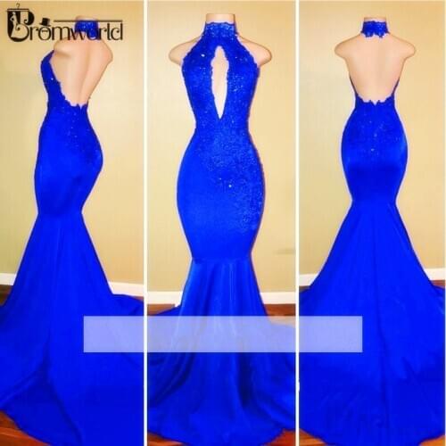 Sexy Royal Blue Prom Dresses 2020 Halter Sleeveless Backless Appliques Beading Mermaid Satin Party robe de soiree Long Prom Gown