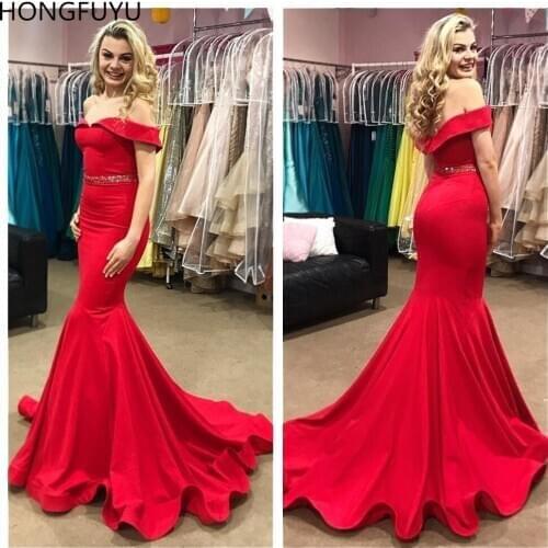 HONGFUYU Elegant Red Prom Dresses Off the Shoulder Sleeveless Evening Party Gowns for Womens Mermaid Satin Vestidos Gala Largos