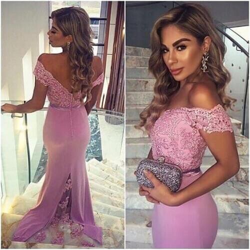 Backless Robe De Soiree Mermaid Off The Shoulder Lace Beaded Pink Sexy Long Prom Dresses Prom Gown Evening Dresses