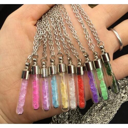 1sets 70cm Natural Crystal rhinestone silver plated Glass vial tube Wishing Bottle chain Pendant perfume Necklace Jewelry charms