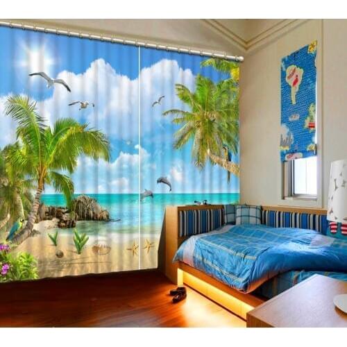 3D Landscape Curtains Blue sky White Clouds Coconut Tree Dolphins Home Decor Living Room Bedroom Kitchen Custom 3d Curtains
