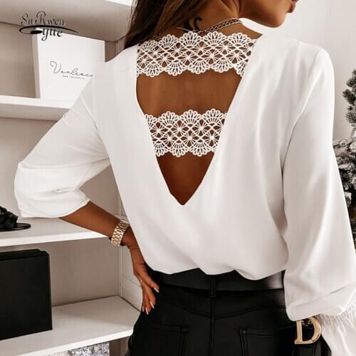 Hollow Lace Stitching Shirt Sexy Fashion Korean Office White Blouse Spring and Autumn Long-sleeve Shirt V-neck Backless 12460