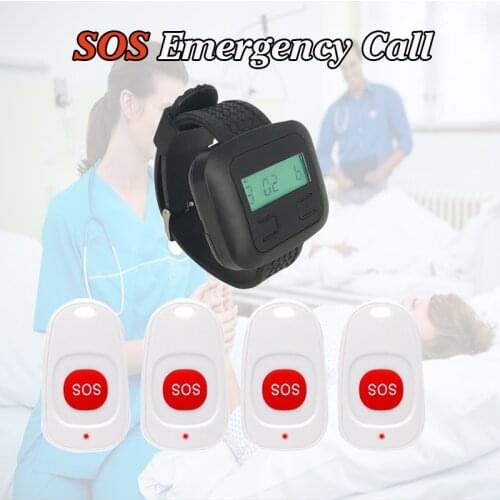 Wireless Paging System 1 Wristwatch Receiver +4 SOS Emergency Call Buttons White For Hospital Clinic Old People Patient