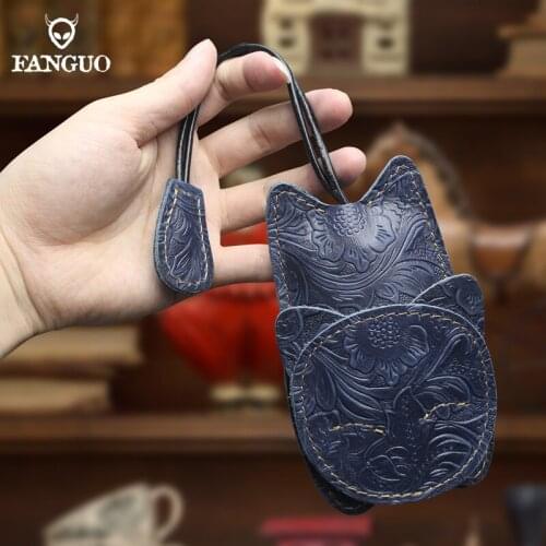 Retro Cat Pull Type Key Bag Genuine Leather Key Wallet Car Smart Housekeepers Key Holder Case Pouch