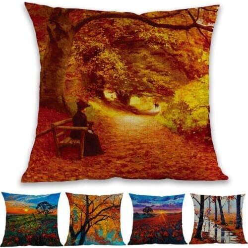 Oil Painting Style Autumn Scenery Golden Maple Leaves Sunset Red Flowers Throw Pillow Case Home Sofa Decoration Cushion Cover