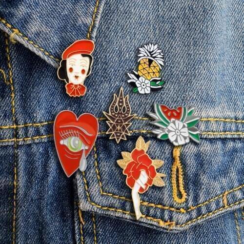 Classic red women love eyes flowers pineapple cockroach watermelon cartoon girl head plant metal enamel pins backpack Brooch