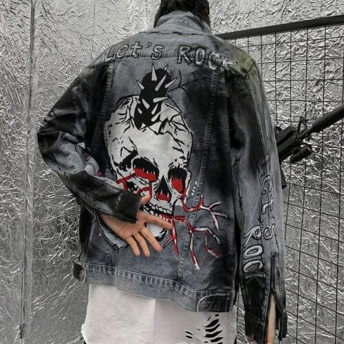 Fashion Harajuku Skull Retro Rock Vintage Denim Jacket Men Brand Boyfriend Punk Sweatshirt Sudadera Streetwear Cowboy Hiphop