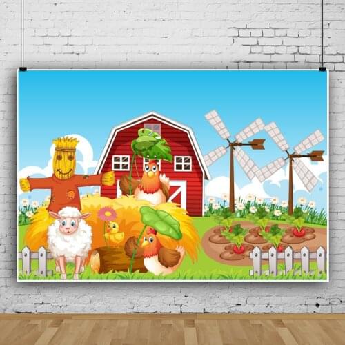 Laeacco Photo Background Baby Cartoon Rural Farm Windmill Birthday Party Wooden Fence Personalized Poster Photographic Backdrops
