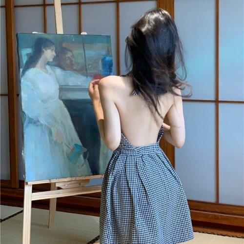 Summer Houndstooth Dresses for Women Sleeveless Hater Off Shoulder Summer Beach Style Short Dress Backless Y2k Hollow Out