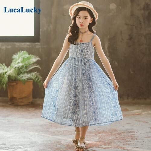 LucaLucky Blue Florals Chiffon Dresses Baby Big Girls Sleeveless Princess Dress Kids Clothing Children Bohemian Dress Age 4-17Y