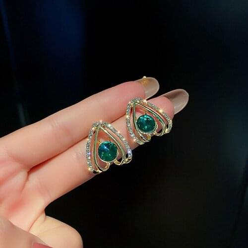 Cute Female Green Crystal Stud Earrings Charm Gold Color Wedding Earrings For Women Dainty Hollow Love Heart Small Earrings