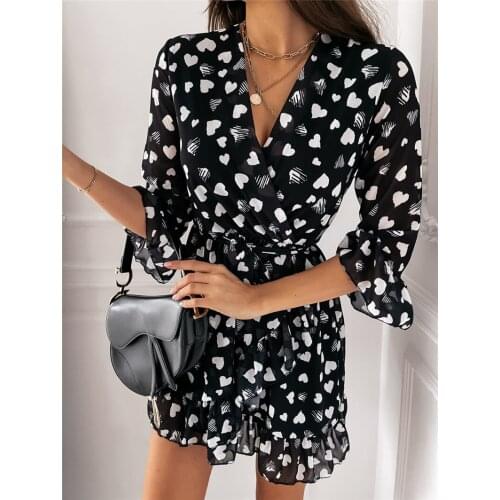 Imcute Fashion Women Dress Casual Half Flare Sleeve High Waist Party Wear Heart Print V-neck Ruffles Hem Elegant Dress Vestidos