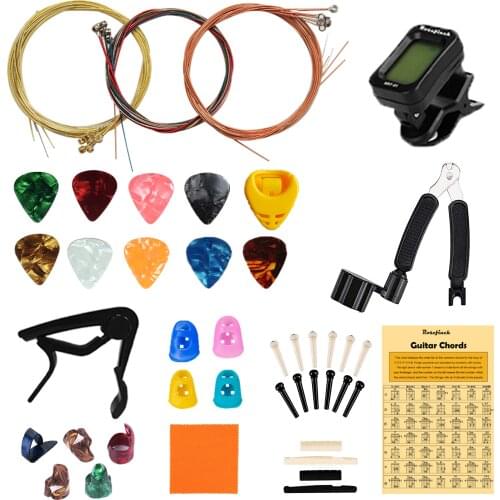 Rosefinch Guitar Accessories Kit 58 PCS with Strings Winder Tuner Capo Cutter Bridge Pins Nuts Saddles Chord Chart AGK01