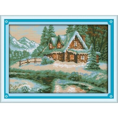 Lakeside Snowhouse Scenery Cotton Needlework Cross Stitch Kits Accurately Printed Embroidery DIY Handmade Wall Home Decor