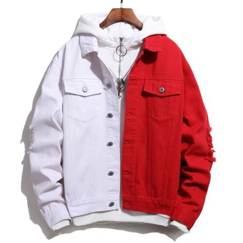2022 Chic New Loose Red and White Two-Tone Denim Jacket Youth Casual Ripped Denim Jacket