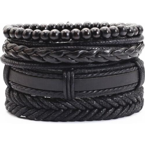 New Arrival Punk 4 pcs/set Vintage Multilayer Wood Beads Tree Camera Charm Leather Men Bracelets For Women Homme Gift Jewelry