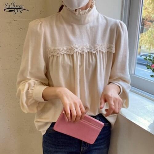 Pleated Slim Cotton Bottoming Shirt Korean Chic Lace Stitching Lantern Sleeve Pullover Ruffle Half-turtleneck Blouse Women 12487