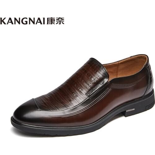 KANGNAI Men Shoes Genuine Leather Business Casual Shoes Classic Black Round Toe Slip on Lightweight Office Shoes for Man 2020