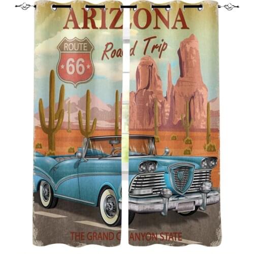 Vintage Car Desert Cactus Plant Stones Windows Curtains For Living Room Bedroom Decorative Kitchen Curtains Drapes Treatments