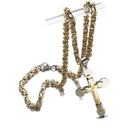 High Quality Mens Jewelry Byzantine Stainless Steel Silver Color&Gold Chain Catholic Crucifix Pendant Male Punk Rock Ornaments
