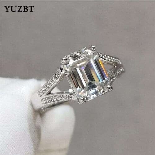 YUZBT 18K White Gold 2 Carat Emerald Cut 6.5*8.5mm Gemstone Ring Diamond Test Past D Color Rectangle Moissanite Wedding Ring
