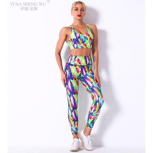 Women Printed Colorful Leggings Geometry Print Running Yoga Suits Sportswear High Waist Fitness Leggings Sports Set Gym Set New