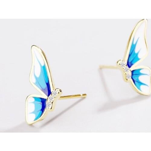 Sole Memory Color Drip Glaze Butterfly Wings blue classical 925 Sterling Silver Fashion Female Stud Earrings SEA791