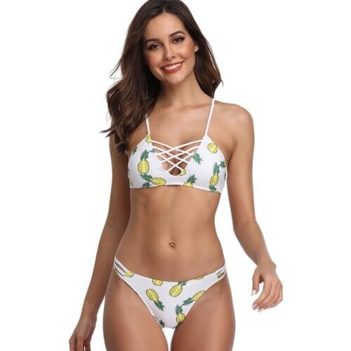 Womens Pineapple Printing Strappy Cross Padding Bikini Set Beach Swimwear