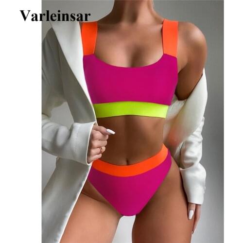 3 Colors Splicing Ribbed High Waist Bikini Female Swimsuit Women Swimwear Two-pieces Bikini set Bather Bathing Suit Swim V3082
