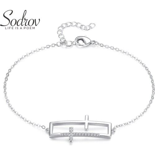 Sodrov Silver Bracelet 925 Sterling Silver Chain Bracelet For Women Double Cross Zircon High Quality Fine Silver 925 Jewelry