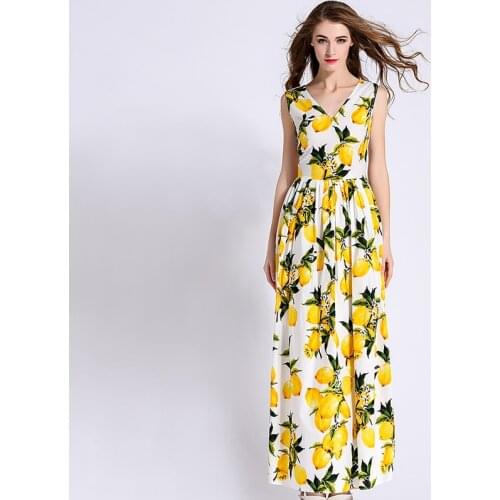 2016 American Womens Blooming Fruit Lemon Printed Double V Collar Sleeveless Dress All-match Summer Plus Size Maxi Long Dress
