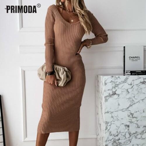 Autumn Midi Dress Women Christmas Fashion Club Lady Sexy Party Winter V Neck Long Sleeve Skinny Bodycon Dresses Ribbed PR1955G