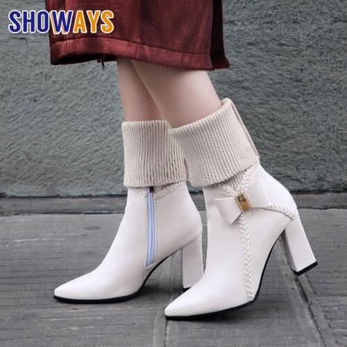 Winter Women Bowtie Mid-calf Boots Pointed Toe High Chunky Heels Black White Casual Office Lady Stretch Knitting Sock Half Boots