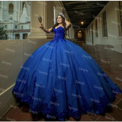 Ball Gown Puffy Royal Blue Sweet 16 Dress Glitter5 Sweetheart Sequin Lace Quinceanera Dress Plus Size Corset Vestidos De 15 Años