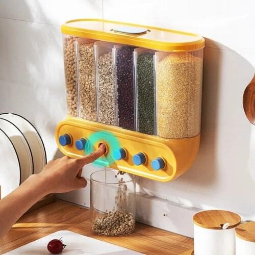 Whole Grain Storage Box Kitchen Wall-mounted Sub-grid Rice Bucket Moisture-proof Sealed Transparent Push-type Grain Storage Box