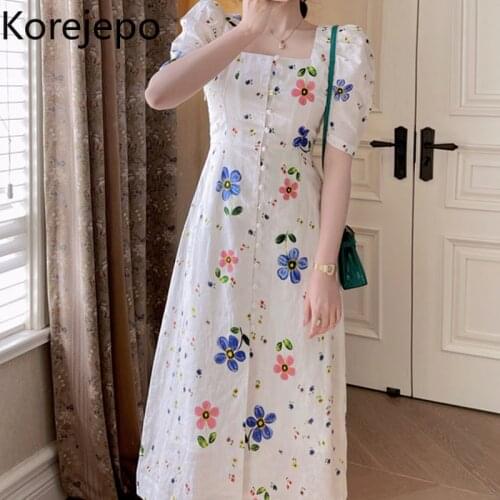 Korejepo Women Dress 2021 Summer French Retro Sweet Floral Square Collar Puff Sleeve Female Temperament Waist Thin Long Dresses