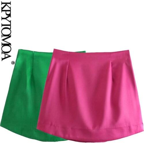 KPYTOMOA Women 2021 Chic Fashion Soft Touch Shiny Mini Skirt Vintage High Waist Side Zipper Female Skirts Mujer