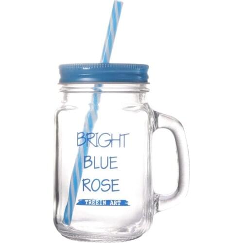 450ML Drinking Glass Set Mason Drinking Jar Mugs with Handle and Straws