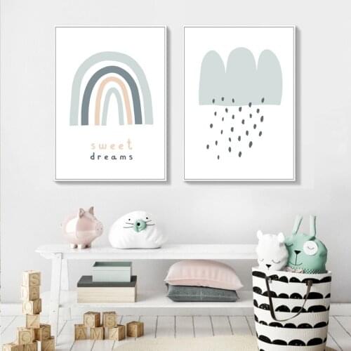 Cartoon Sweet Dream Canvas Painting Abstract Rainbow Cloud Raindrop Wall Art Blue Gray Nursery Posters for Baby Room Home Decor