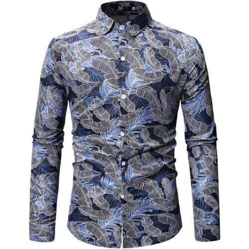 Blue Leaves Print Dress Shirt Men 2020 Brand New Slim Fit Long Sleeve Hawaiian Shirt Mens Button Down Party Shirts For Holiday