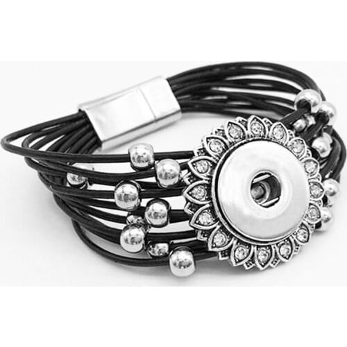 Newest leather flower snap button bracelet XH1888 (fit 18mm 20mm snaps) BOBOSGIRL