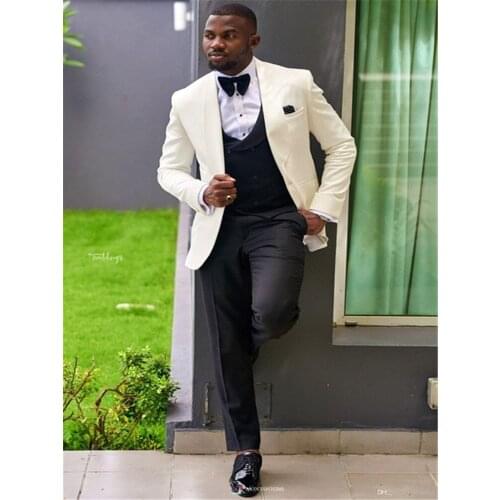 New Arrival Men Suits Dark Ivory and Black Groom Tuxedos Shawl Lapel Groomsmen Wedding Best Man ( Jacket+Pants+Vest+Tie ) C715